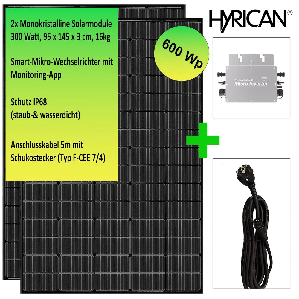 Hyrican Balkonkraftwerk, 600W SmartMini-Wechselrichter, 2x Solarpanel 300W