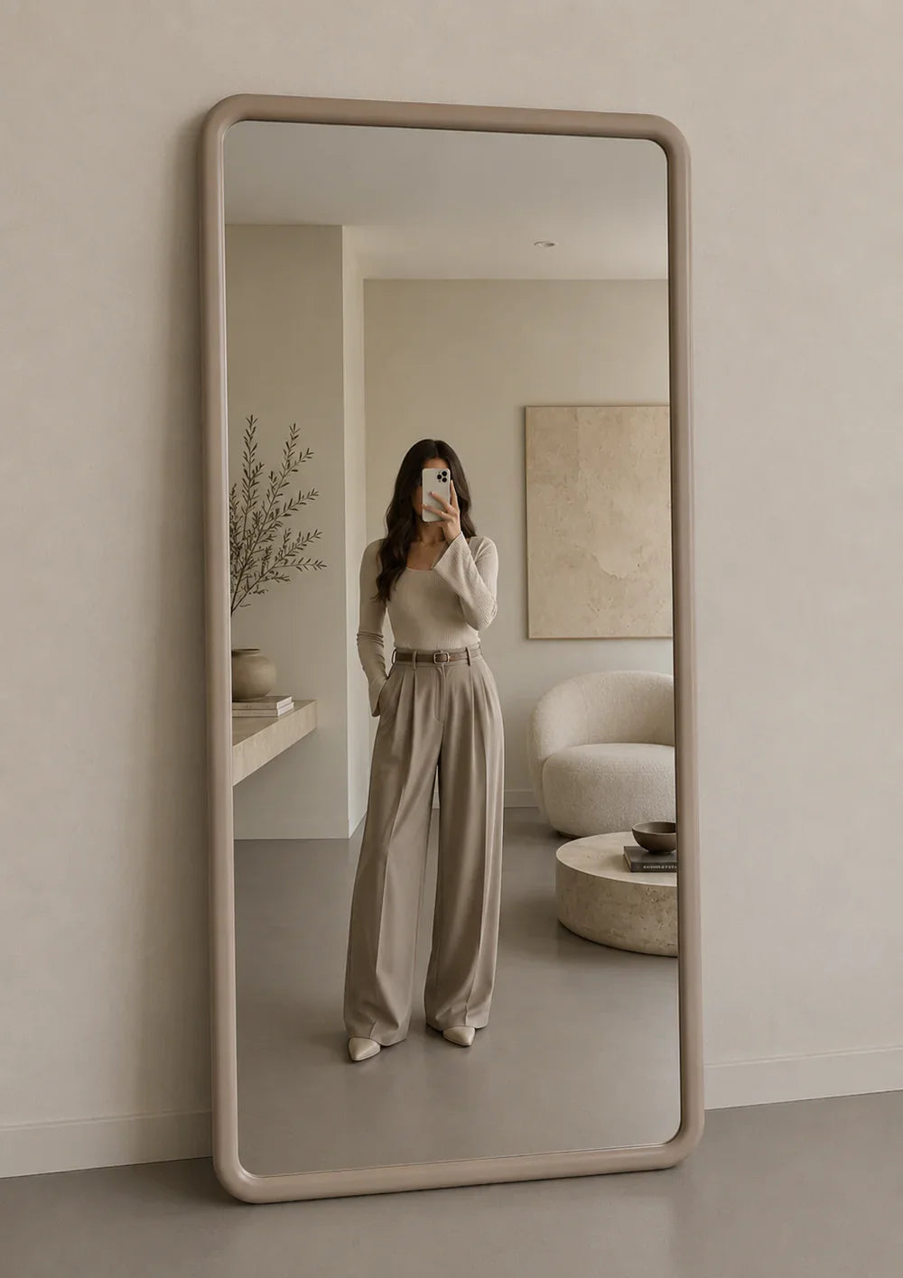 Mia Rechthoekige Spiegel - Japandi Hout – Taupe – 200×100 cm